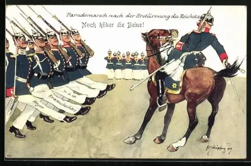 Künstler-AK Fritz Schönpflug: Noch höher die Beine, deutsche Soldaten exerzieren, Offizier zu Pferd gibt Anweisungen