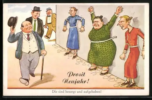 AK Herr grüsst gefesselte Frauen, Neujahrsgruss