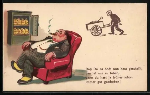 Scherz-AK Reicher Mann mit Geldmünzen im Safe mit lustigen Spruch