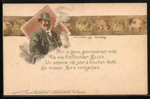 Lithographie rauchender Mann mit Bierkrug, Edwin Bormann