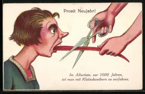 AK Einem Klatschweib wird die Zunge abgeschnitten, Neujahrsgruss