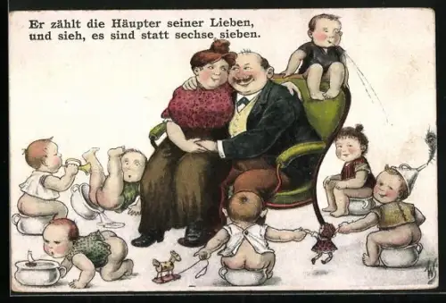 Künstler-AK Willi Scheuermann: Ehepaar zwischen seinen sieben Kindern