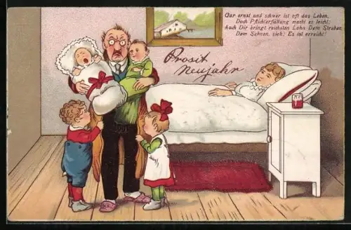 AK Mutter im Bett liegend, während sich der Vater um die Kinder kümmert