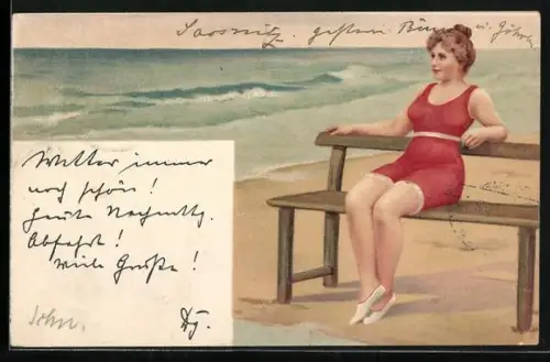 Lithographie Frau im Badeanzug auf einer Bank am Strand