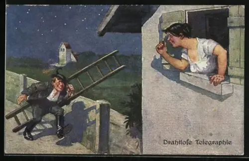 AK Mann mit Leiter will Fensterln mit seiner Geliebten