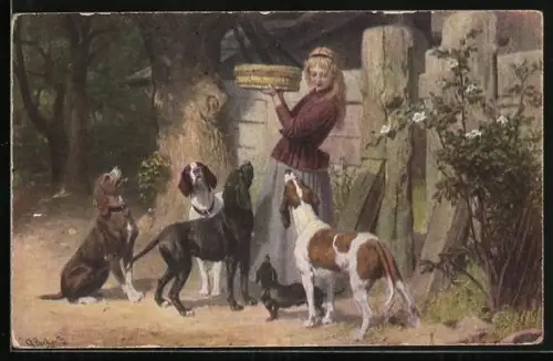 AK Weidmanns Töchterlein, Maid mit Jagdhunden