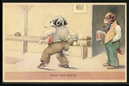 AK Hunde mit Zigarette und Pfeife spielen Kegeln, Bierkrug