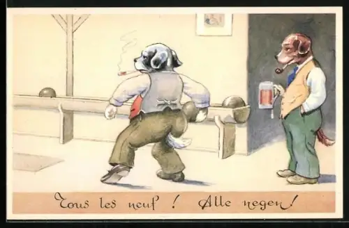 AK Hunde mit Zigarette und Pfeife spielen Kegeln, Bierkrug