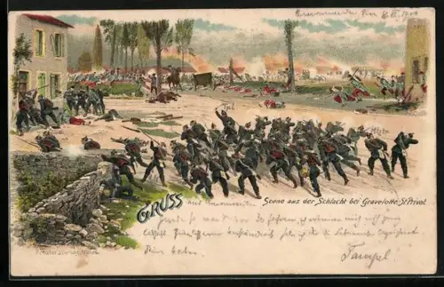 Lithographie Gravelotte-St. Privat, Szene aus der Schlacht bei Gravelotte-St. Privat