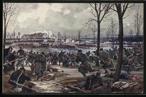Künstler-AK Erstürmung des Mont Mesly durch Kompanien des württ. 2. und 8. Infanterieregiments u. d. württ. 3. Jägerb., 
