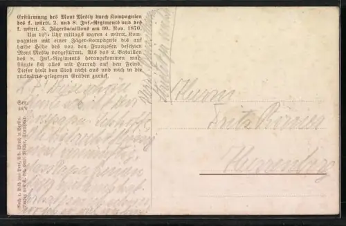 Künstler-AK Erstürmung des Mont Mesly durch Kompanien des württ. 2. und 8. Infanterieregiments u. d. württ. 3. Jägerb., 