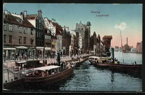 AK Danzig, Langebrücke mit Geschäften und Dampfbooten