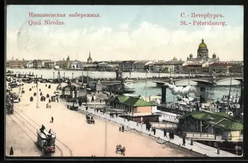AK St. Petersbourg, Quai Nicolas with Tramway, Strassenbahn