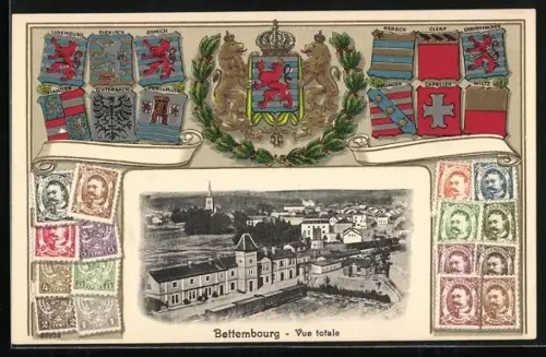 AK Bettembourg, Bahnhof, Briefmarken, Wappen
