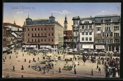 AK Zagreb, Jelacicev trg., Händler auf dem Marktplatz