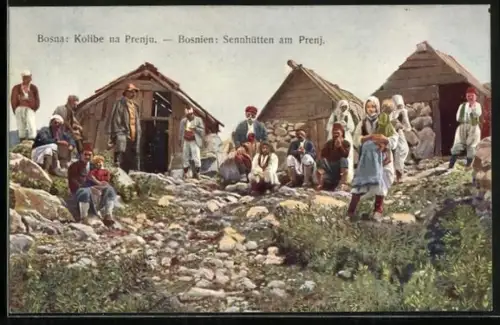 AK Mostar, Kolibe na Prenju, Anwohner vor den Sennhütten am Prenj