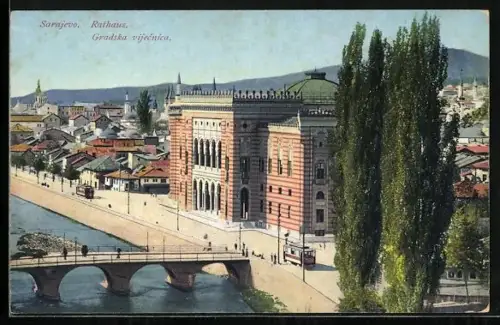 AK Sarajewo, Rathaus mit Strassenbahn