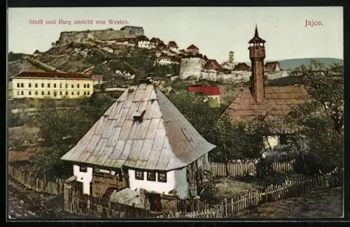 AK Jajce, Stadt und Burg Ansicht von Westen