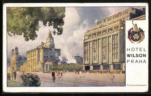 Lithographie Prag / Praha, Blick auf`s Hôtel Wilson
