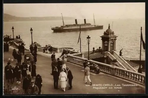 AK Monte-Carlo, Les Terrasses, Paquebot en Rade