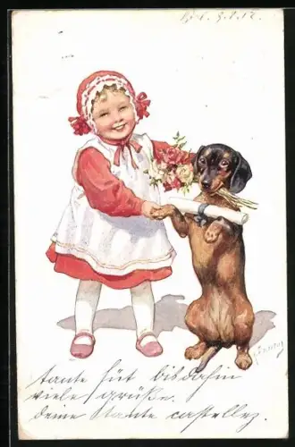 Künstler-AK Karl Feiertag: Kleine Gratulantin mit Blumen, Dackel und Brief