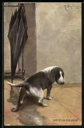 Künstler-AK Max Kuglmayr: Hund wartet auf sein Herrchen