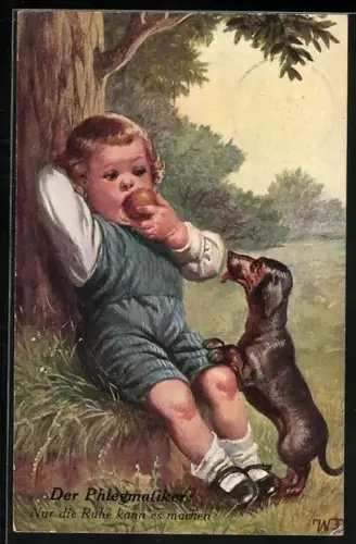 Künstler-AK Wally Fialkowska: Kleiner Junge isst Apfel, Dackel schaut zu