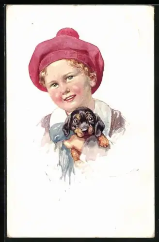 AK Mädchen mit Baskenmütze und Dackelwelpe