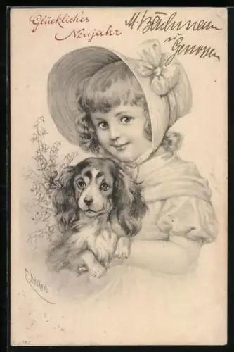 Künstler-AK E. Döcker: Lächelndes Mädchen mit kleinem Hund, Neujahrsgruss