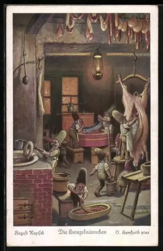 Künstler-AK Oskar Herrfurth: Die Heinzelmännchen, 3. Beim Fleischer ging es just so zu...