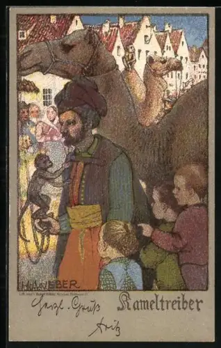 Künstler-AK sign. H. Weber: Kameltreiber mit Affen