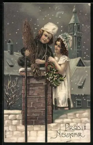 AK Mädchen steigt zu dem Schornsteinfeger aufs Dach, Prosit Neujahr