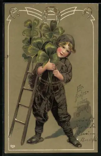 AK Viel Glück im neuen Jahre, Kleiner Schornsteinfeger mit Klee