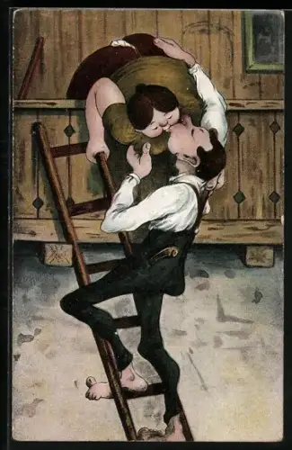 AK Dürrer Kavalier und dickes Mädchen beim Fensterln