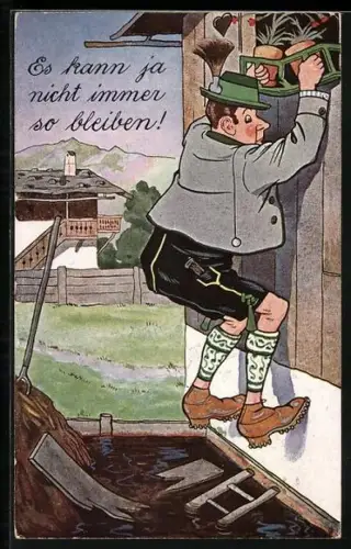 Künstler-AK Bayer in Tracht beim Fensterln