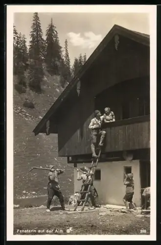 AK Fensterlein auf der Alm, Flirt auf der Leiter mit Nebenbuhlern