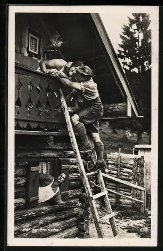 AK Auf der Brautschau, Mann beim Fensterln, Erotik