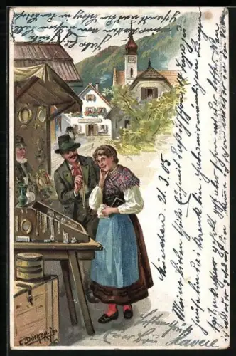 Künstler-Lithographie E. Döcker: Bayerischer Liebespaar und Schmuckhändler