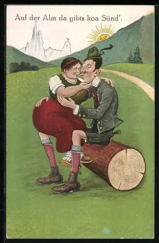 Künstler-AK Auf der Alm da gibts koa Sünd`, Paar in den Bergen