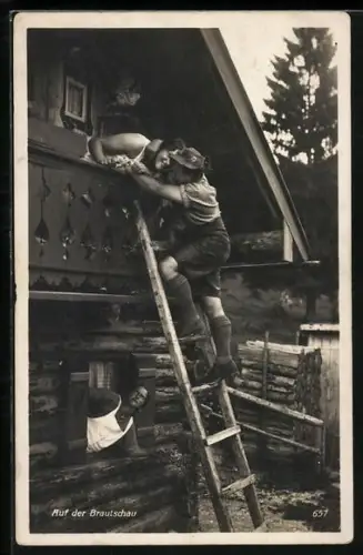 AK Auf der Brautschau, Mann beim Fensterln, Erotik