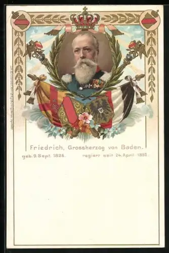 AK Portrait von Grossherzog Friedrich von Baden mit Fahne und Wappen