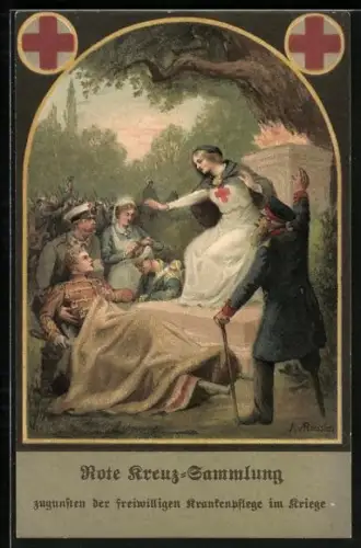 AK Rote Kreuz-Sammlung, Veteran mit amputiertem Bein und verwundeter Husar