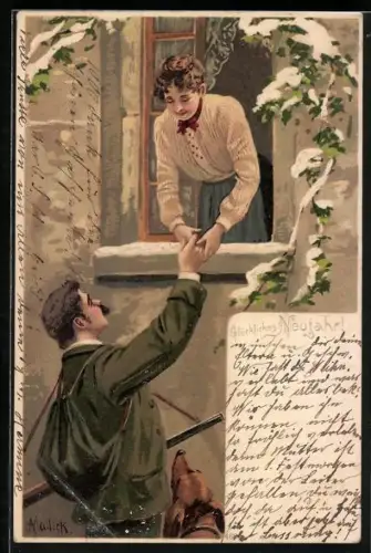 Künstler-AK Alfred Mailick: Herr bei Dame am Fenster im Winter, Neujahrsgruss