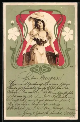 Künstler-AK Junge Frau in stilisierter Harfe mit Blüten, Jugendstil