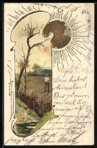 Sonnenschein-AK Landschaftspartie mit säendem Bauern auf dem Feld
