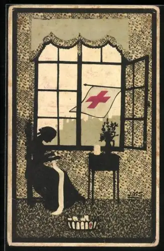 Künstler-AK Krankenschwester mit Verband, Rote Kreuz Fahne