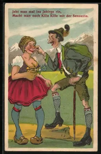 AK Sennerin und Gebirgswanderer beim Flirt, Karikatur