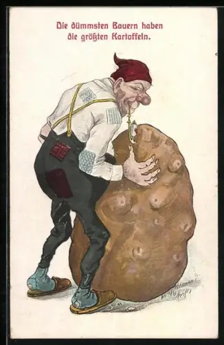AK Bauer mit riesiger Kartoffel, Die dümmsten Bauern haben die grössten Kartoffeln, Scherz