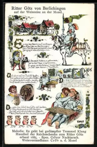Künstler-AK Cröv a. d. Mosel, Reichsschenke zum Ritter Götz, Ritter Götz von Berlichingen auf der Weinreise an der Mosel