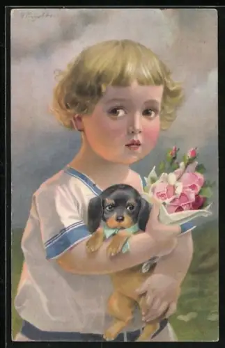 AK Kind mit Dackel und Rosenstrauss auf dem Arm